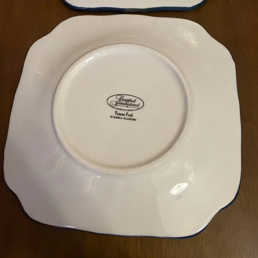4 Certified International Pamela Gladding Tuscan Fruit Square Blue Dinner Plates